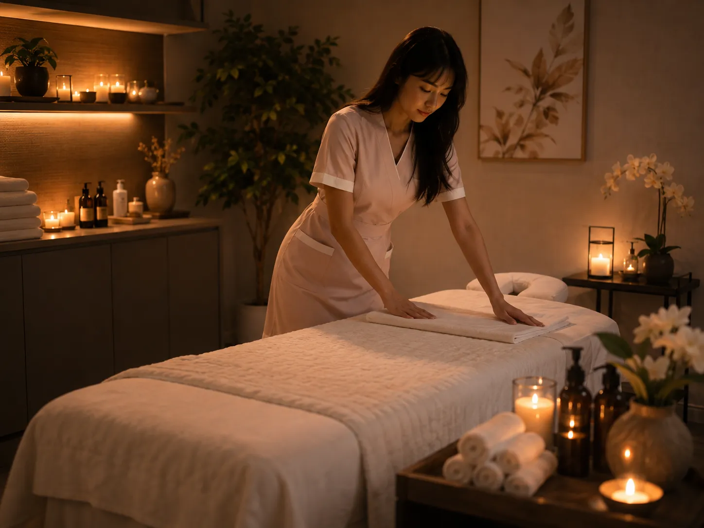 Female spa attendant preparing a candlelit massage room